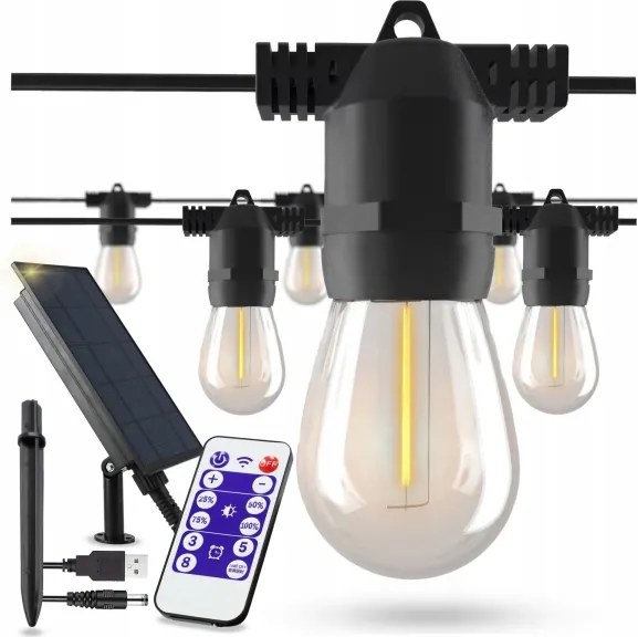 LED Stm ghirlandă decorativă solară 10xE27/3V USB 2400 mAh 10,62 m IP65 neagră + telecomandă