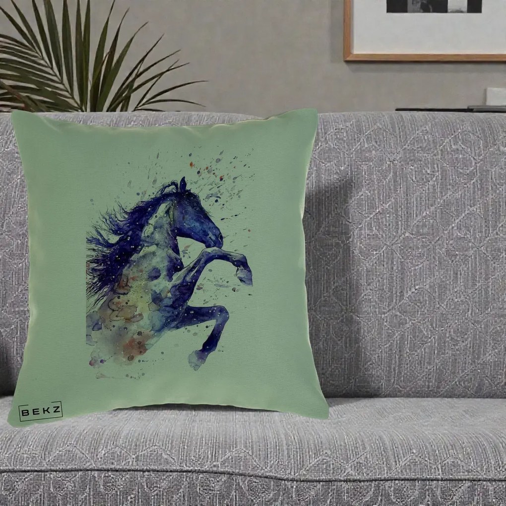 Perna Decorativa Cal Albastru Acuarela, 40x40 cm, Verde, Husa Detasabila, Perna Inclusa, BEKZ®