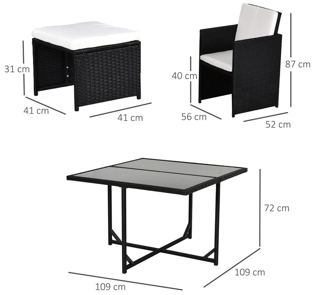 Outsunny Set Mobilier de Grădină încorporabil 8 persoane 9 piese rășină împletită 4 fire imitație răchită Negru Perne detașabile crem | Aosom Romania