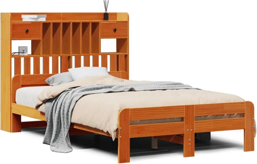 vidaXL Pat cu bibliotecă fără saltea maro 135x190 cm lemn masiv de pin