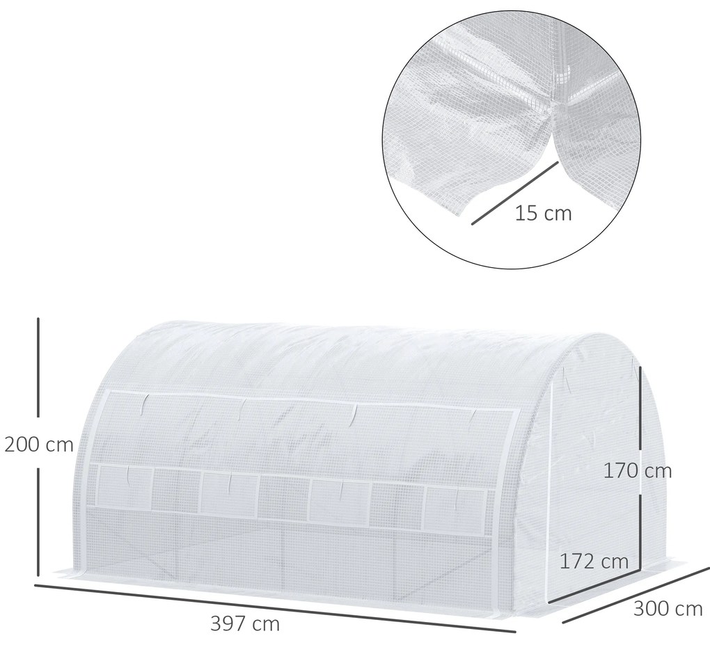 Outsunny Seră cu Tunel cu Ușă, Panouri și 8 Ferestre Rulabile, în Oțel Zincat și PE, 3.97x3x2 m, Alb | Aosom Romania