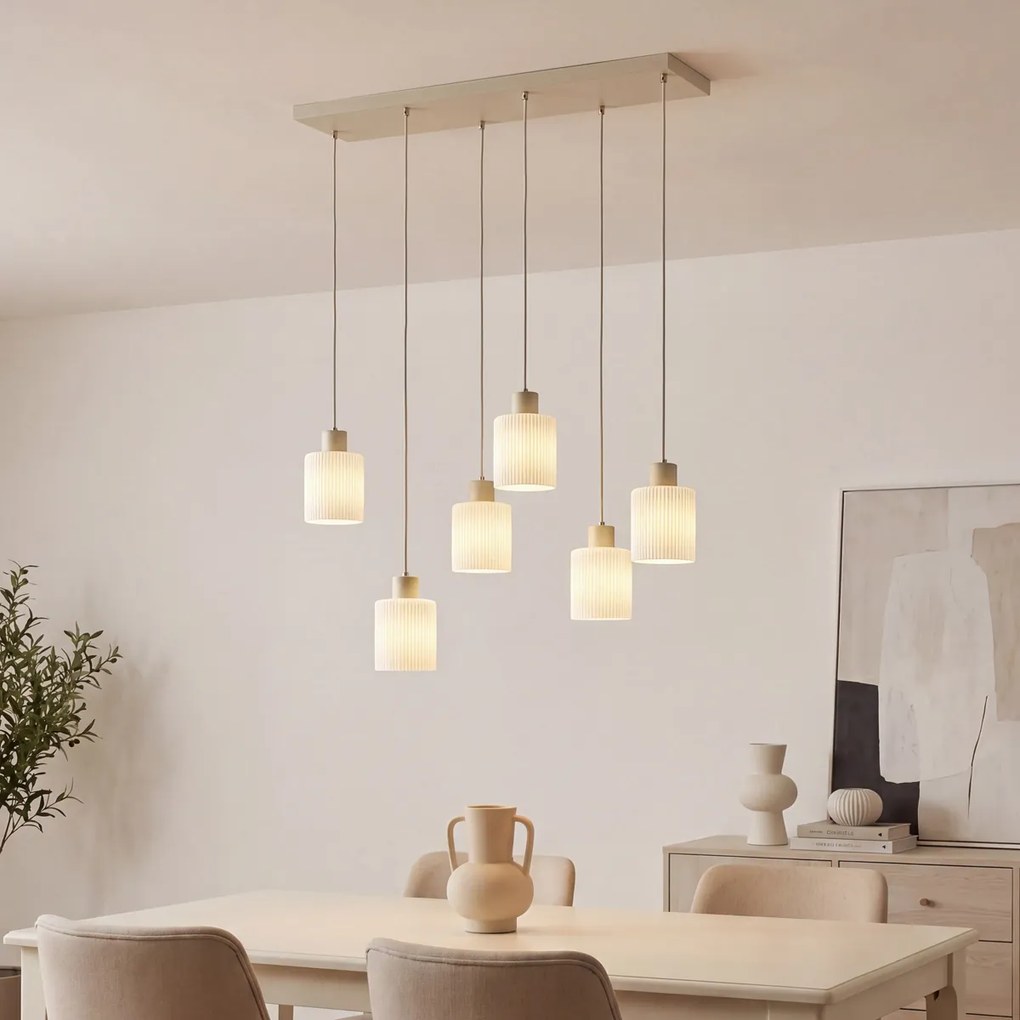 Lampă suspendată scandinavă bej cu sticlă albă cu 6 lumini - Wisp