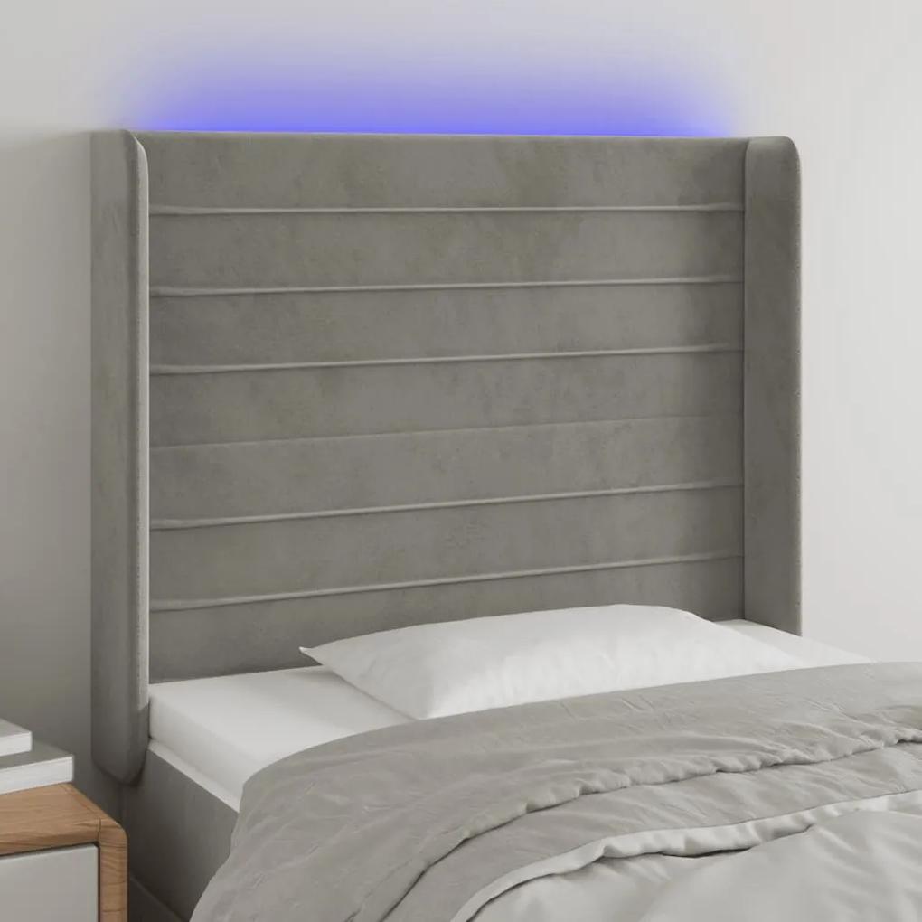 3124224 vidaXL Tăblie de pat cu LED, gri deschis, 93x16x118/128 cm, catifea
