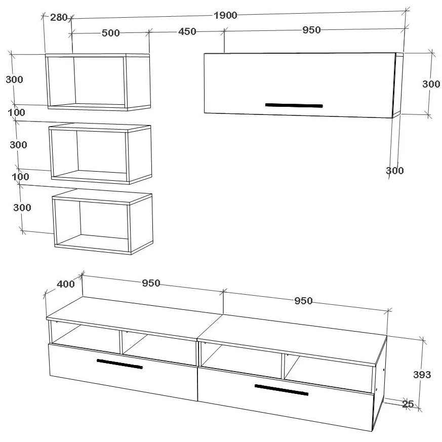 Living Kos V17, Negru/Alb Lucios, MDF, L 190 cm