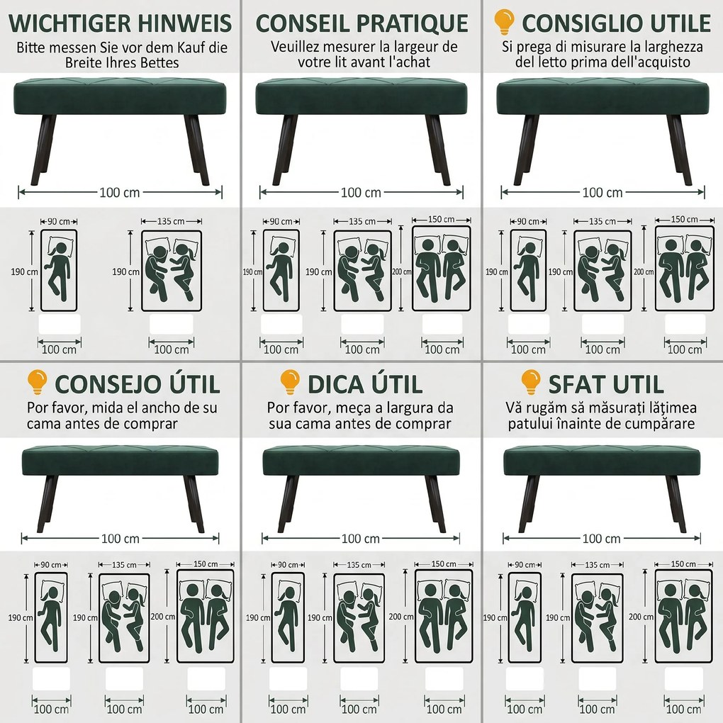 HOMCOM Bancă pentru Capătul Patului, Bancă cu Picioare din Oțel și Țesătură cu Efect de Catifea, 100x36x45 cm, Verde | Aosom Romania