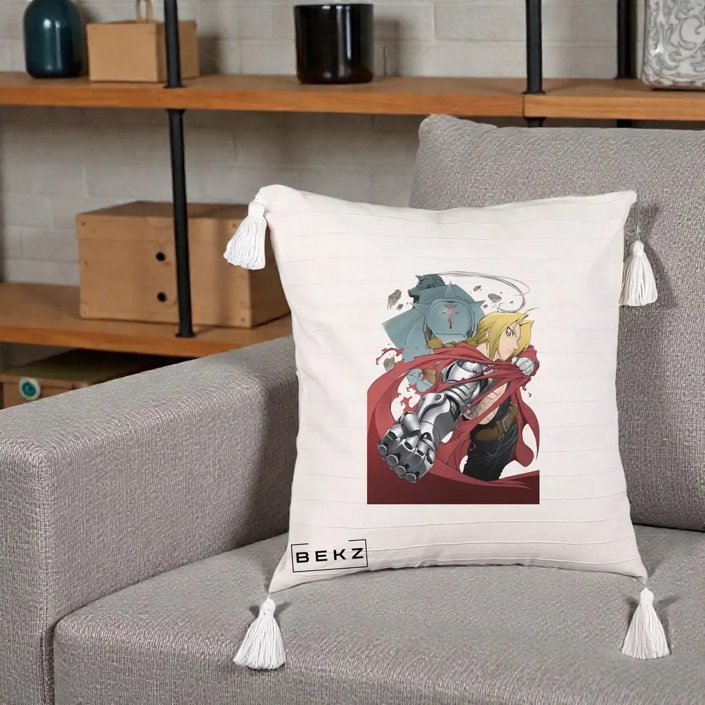 Perna Personalizata Fullmetal Alchemist Brotherhood Edward si Al Poster, 40x40 cm, Bej cu Franjuri, Husa Detasabila, Perna Inclusa, BEKZ®