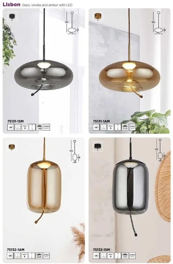 Lustra, Pendul LED design modern minimalist Lisbon fumuriu