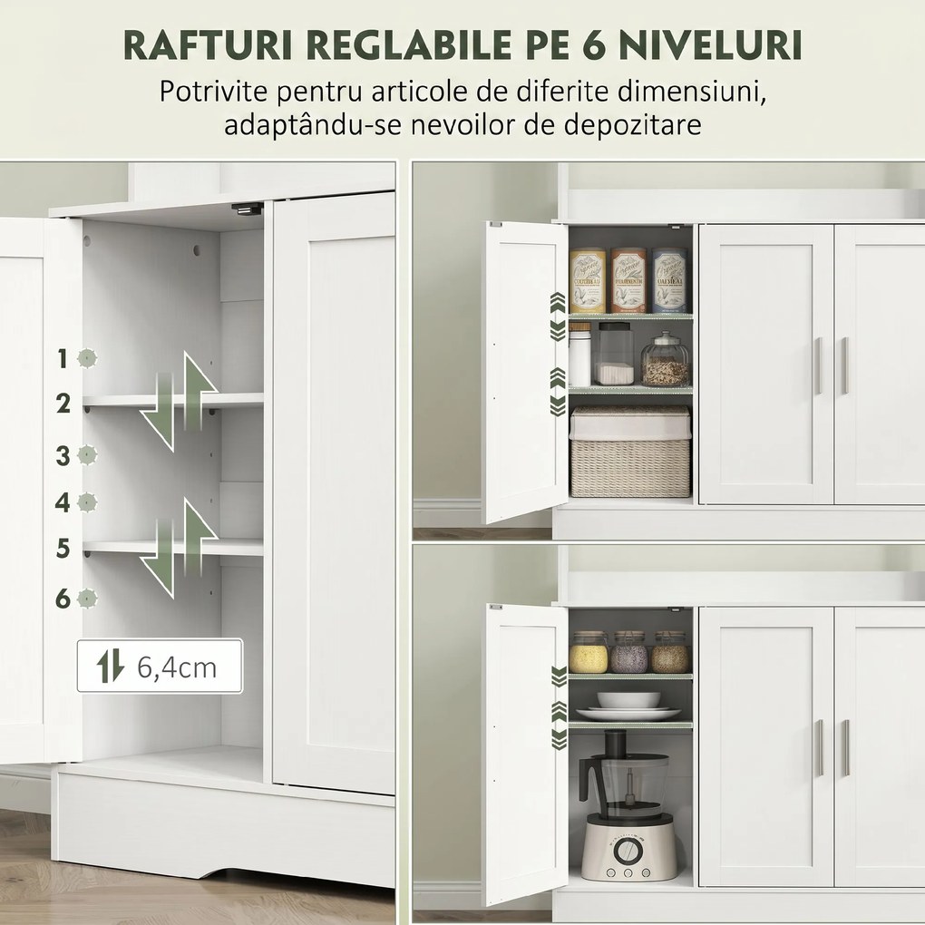 HOMCOM Dulap Bucătărie de 180cm, Dulap Înalt cu 4 Compartimente, Uși din Sticlă Securizată, 2 Rafturi Deschise, Rafturi Reglabile, Blat pentru Electrocasnice, pentru Bucătărie sau Living, Alb | Aosom Romania