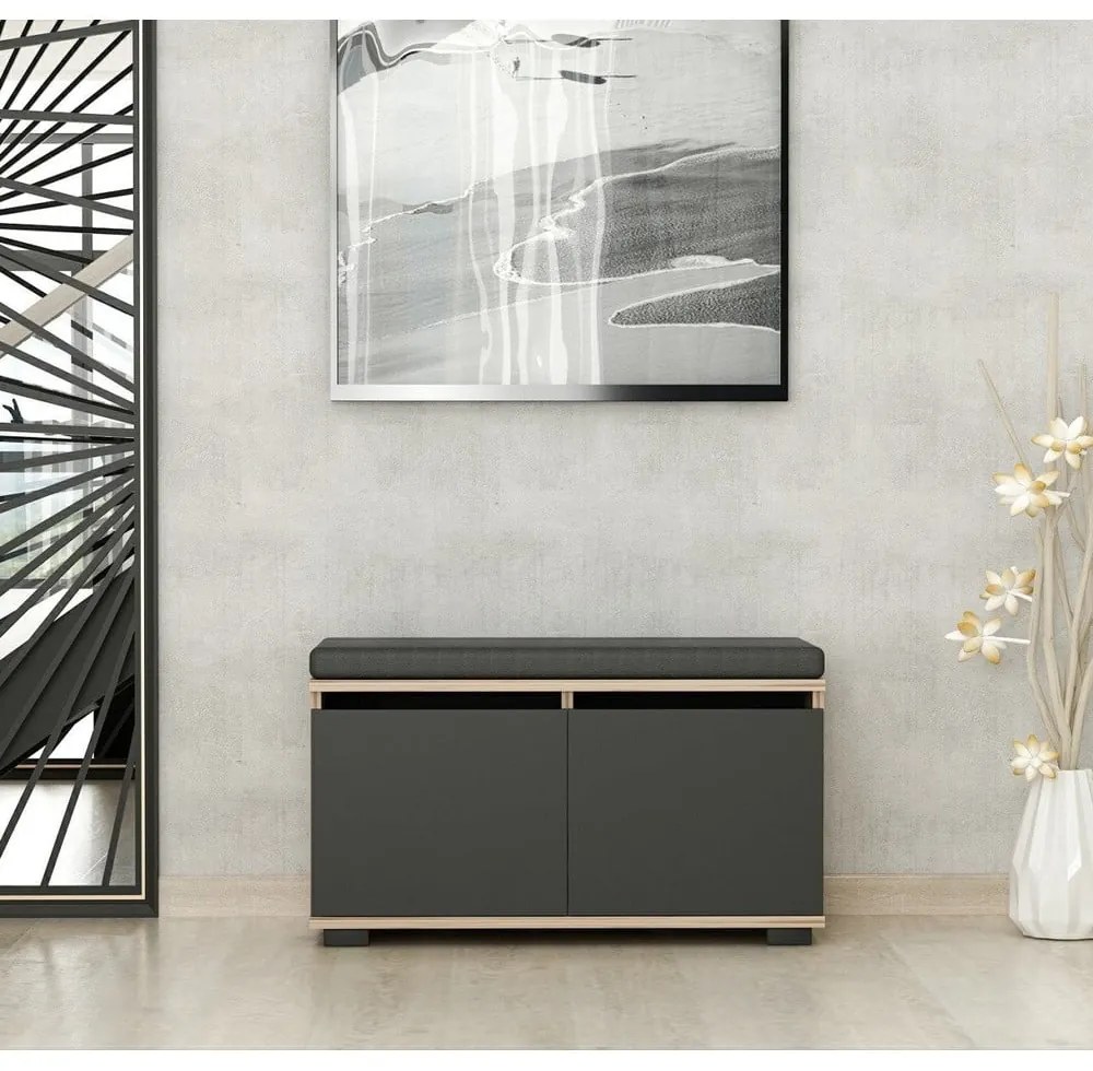 Pantofar negru/în culoare naturală cu bancă cu aspect de lemn de nuc Drago – Kalune Design