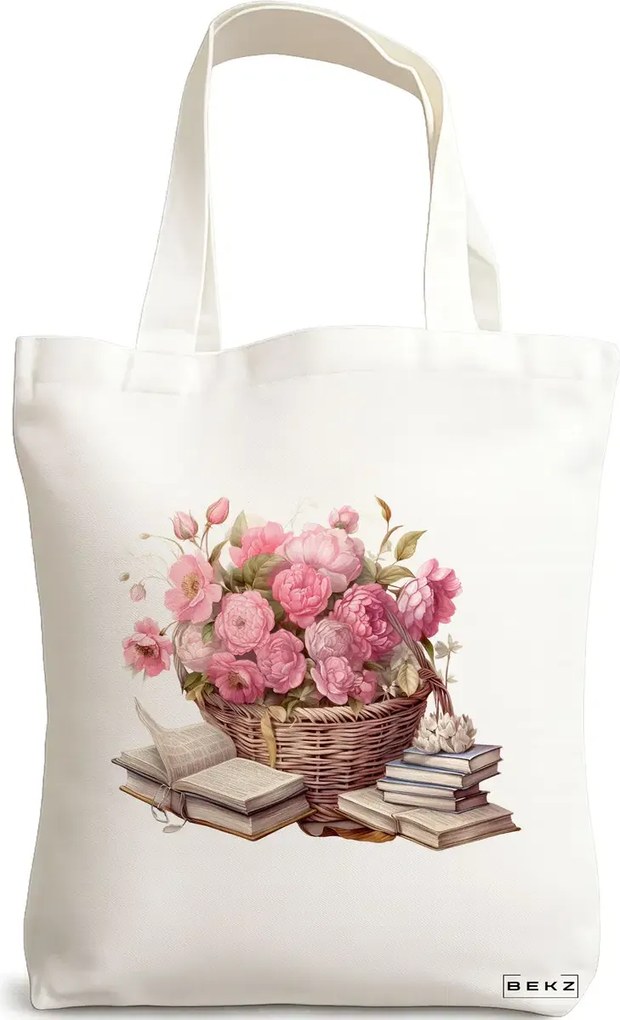 Sacosa de Panza pentru Cumparaturi, Geanta Tote, model Books and flowers 2 38 x 34.5 cm, Alba, BEKZ®