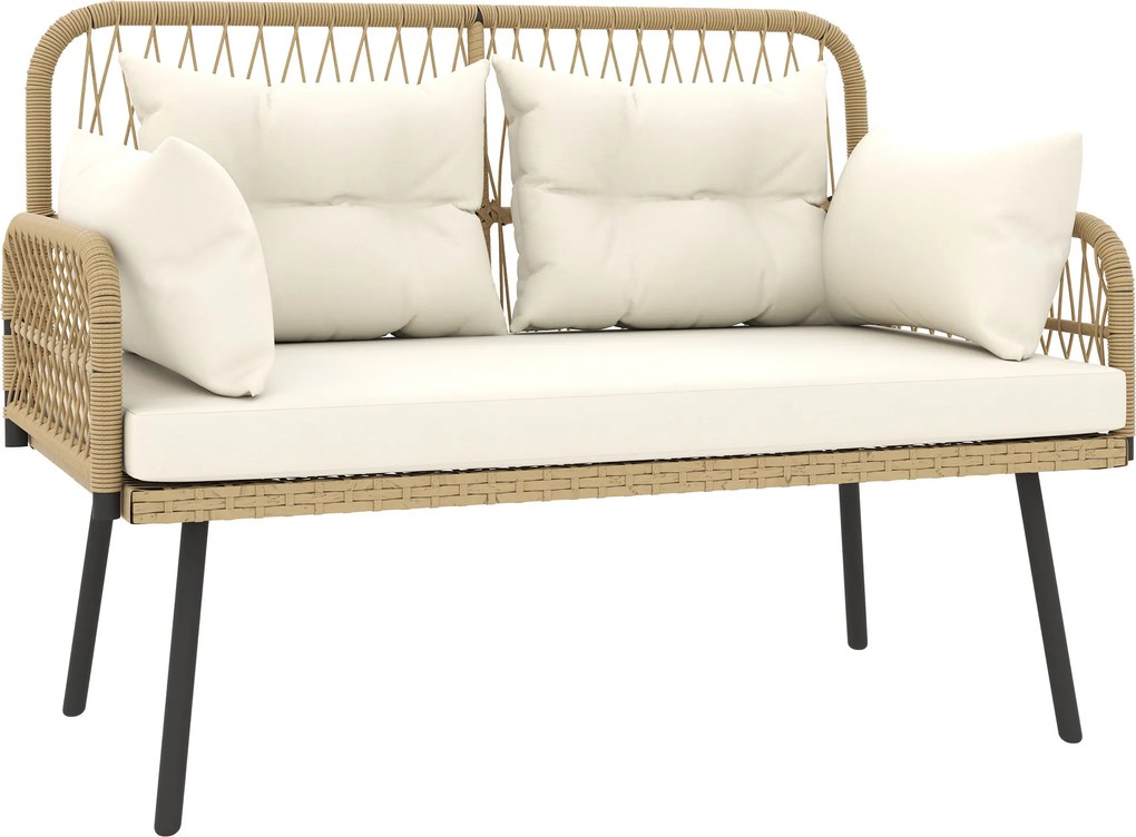 Outsunny Canapea de grădină cu perne Canapea 2 locuri Outdoor Balcon Canapea din ratan Polyrattan 115 x 61 x 82 cm Lemn natural | Aosom Romania