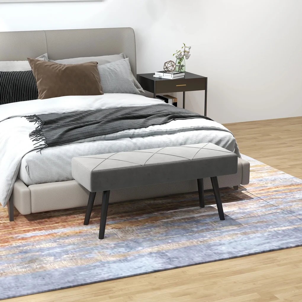 HOMCOM Danca Depozitare, Velvet Tapițat, cu Picioare de Oțel, pentru Dormitor, Living, Sufragerie, Hol, 100x36x45 cm, Gri | Aosom Romania
