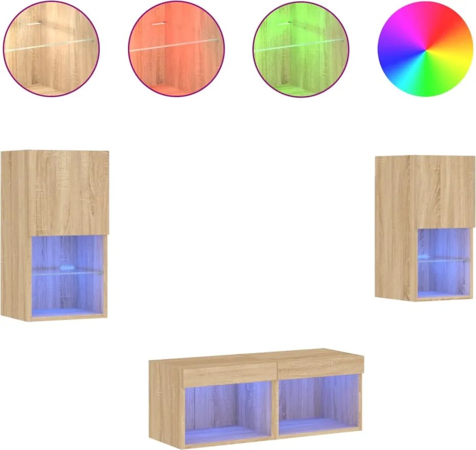 vidaXL Comode TV de perete cu lumini LED, 4 piese, stejar sonoma