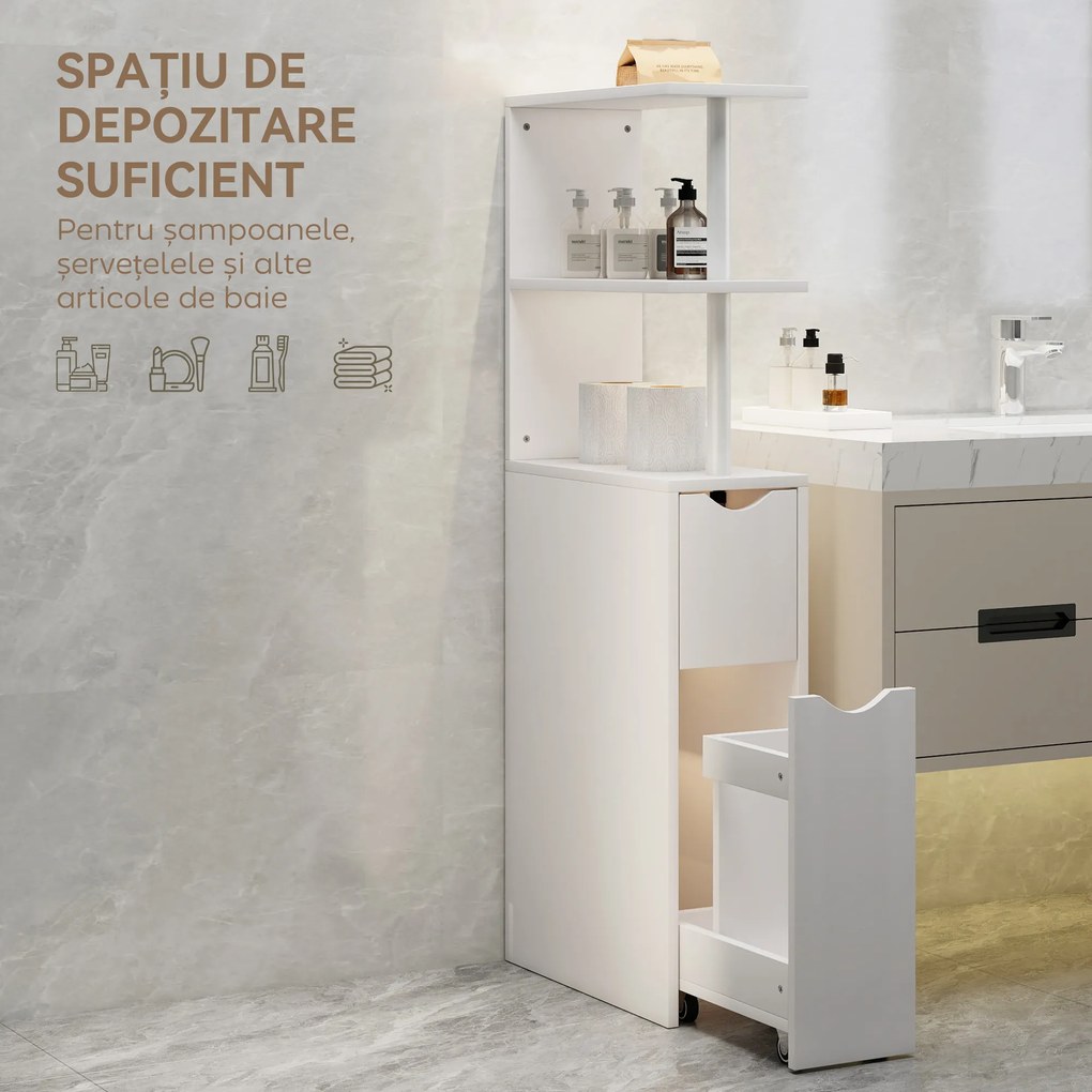 HOMCOM Dulap de Baie Subțire cu Sertare și Rafturi, Dulap de Baie Economisitor de Spațiu cu Sertar pe Roți, Coloană de Baie pentru Sufragerie, 20x45x115 cm, Alb | Aosom Romania