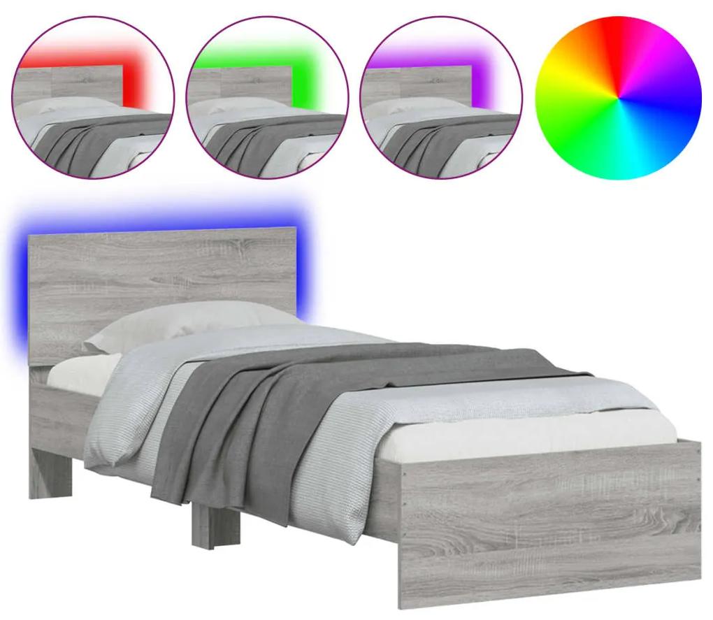 838846 vidaXL Cadru de pat cu tăblie și lumini LED, gri sonoma, 75x190 cm