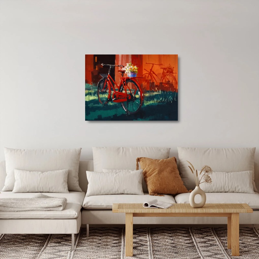 Tablou pe sticlă - Bicicleta roșie, pictură acrilică (70x50 cm)
