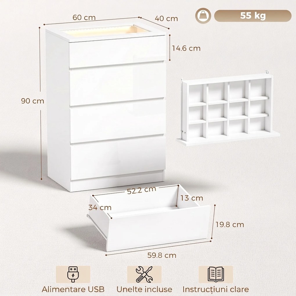 HOMCOM Comodă Modernă cu 4 Sertare și Lumini LED, 60x40x90 cm, Albă | Aosom Romania