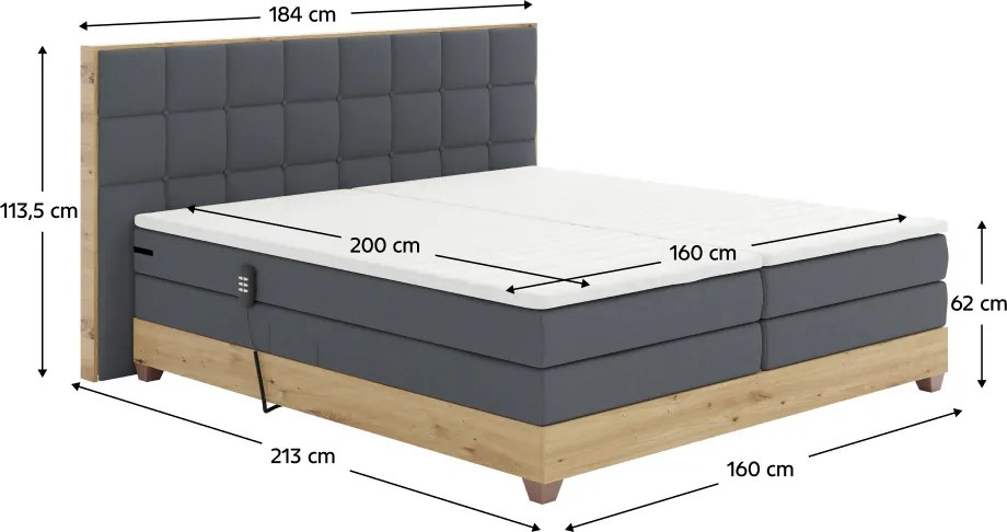 Pat electric reglabil, boxspring, gri închis/stejar artizanal, 160x200, TIANA