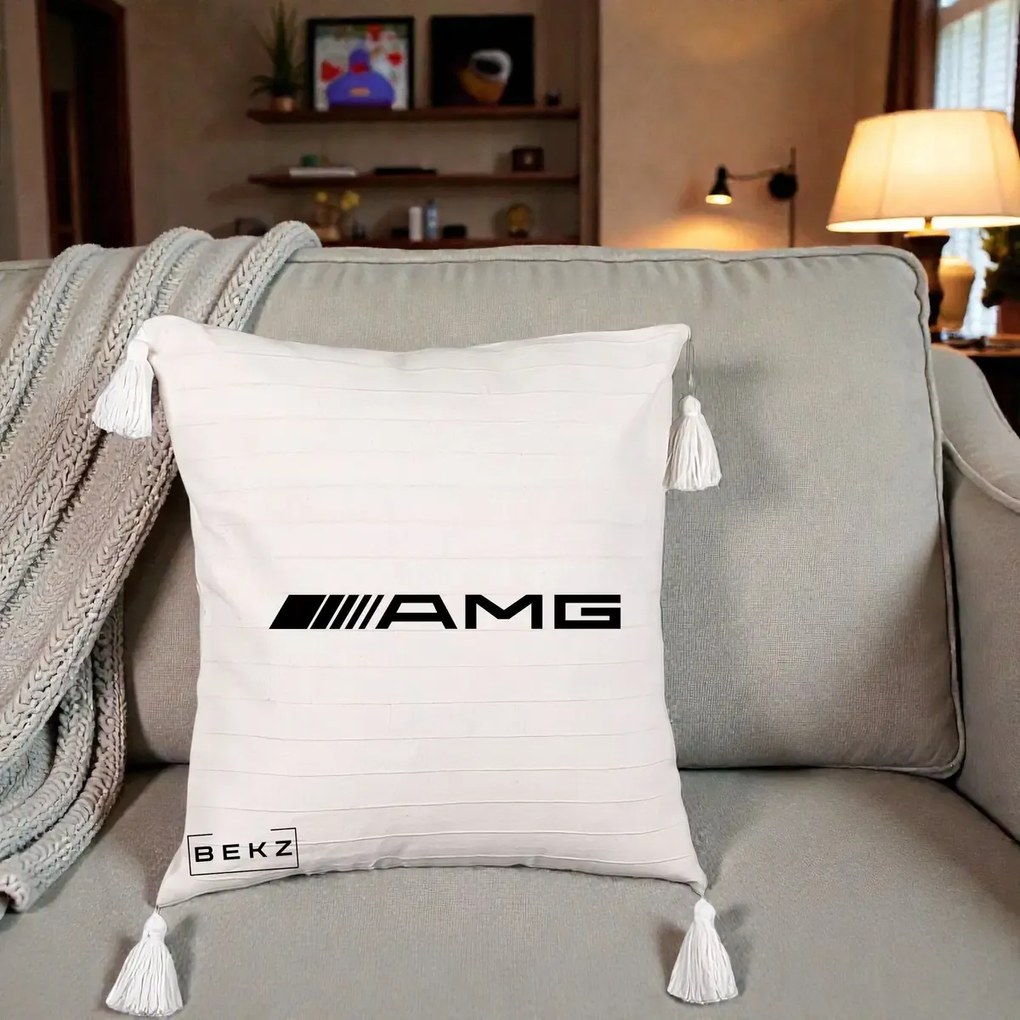 Perna Personalizata cu emblema Mercedes-AMG, 40x40 cm, Bej cu Franjuri, Husa Detasabila, Perna Inclusa, BEKZ®