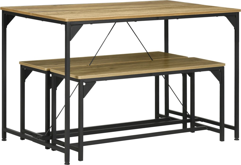 HOMCOM Set de masă cu 2 bănci cadru din oțel pentru 4 persoane pentru bucătărie sală de mese salon natural și neagră | Aosom Romania