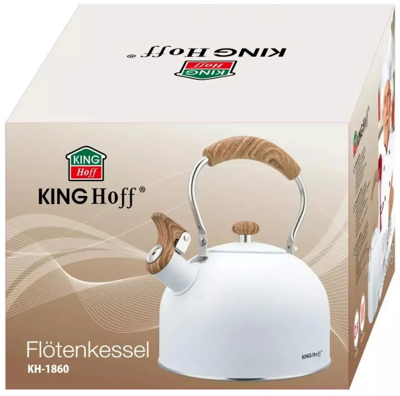 Resigilat: Ceainic cu fluier Kinghoff KH 1860, 2.5 l, Inductie, Maner din lemn, Alb