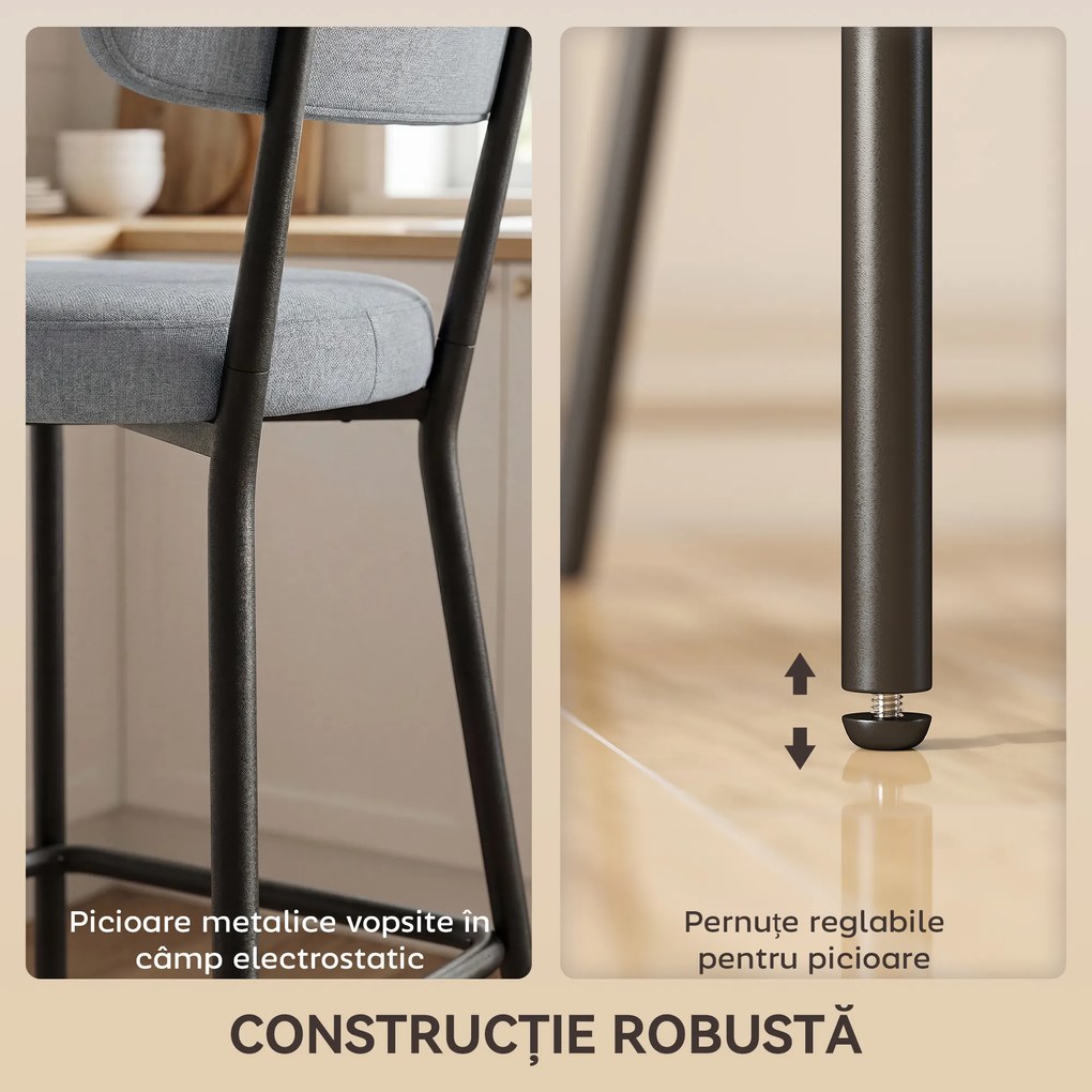 HOMCOM Set de 2 Scaune de Bar cu Spătar și Tapițate, Scaune Înalte din Material Textil cu Bară pentru Sprijinirea Picioarelor și Structură Metalică, Ușor de Asamblat, Gri Deschis | Aosom Romania