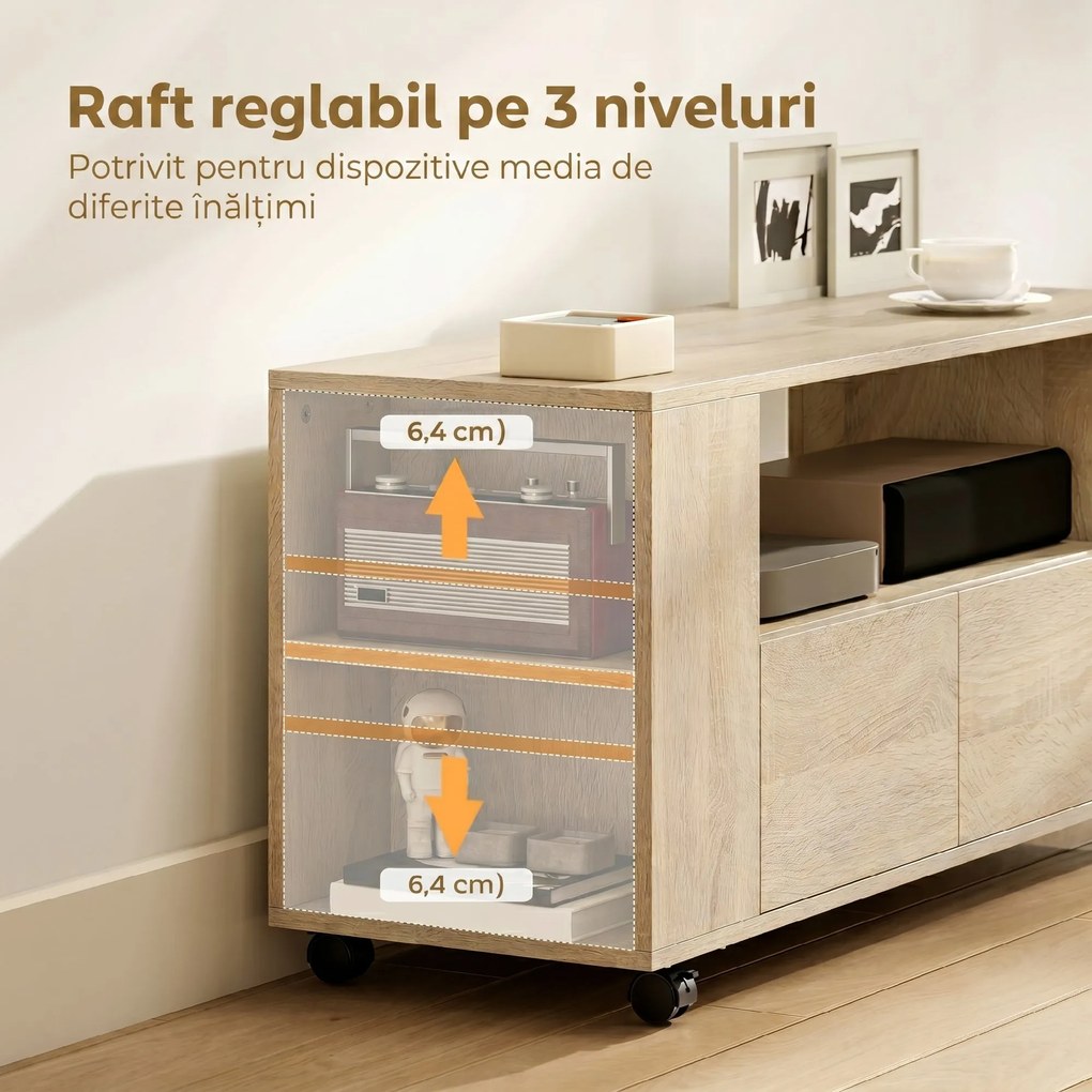 HOMCOM Suport pentru TV de 42" cu Roți Pivotante și Frână, Rafturi Ajustabile și Sertare, 102x34.5x48.5 cm, Lemn | Aosom Romania