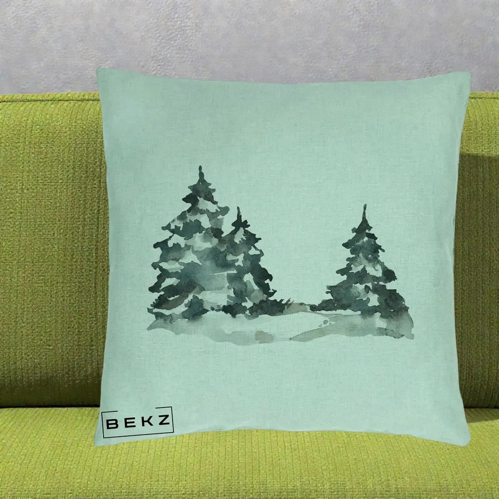 Perna Decorativa Brazi Inzapeziti Acuarela, 40x40 cm, Verde Menta, Husa Detasabila, Perna Inclusa, BEKZ®