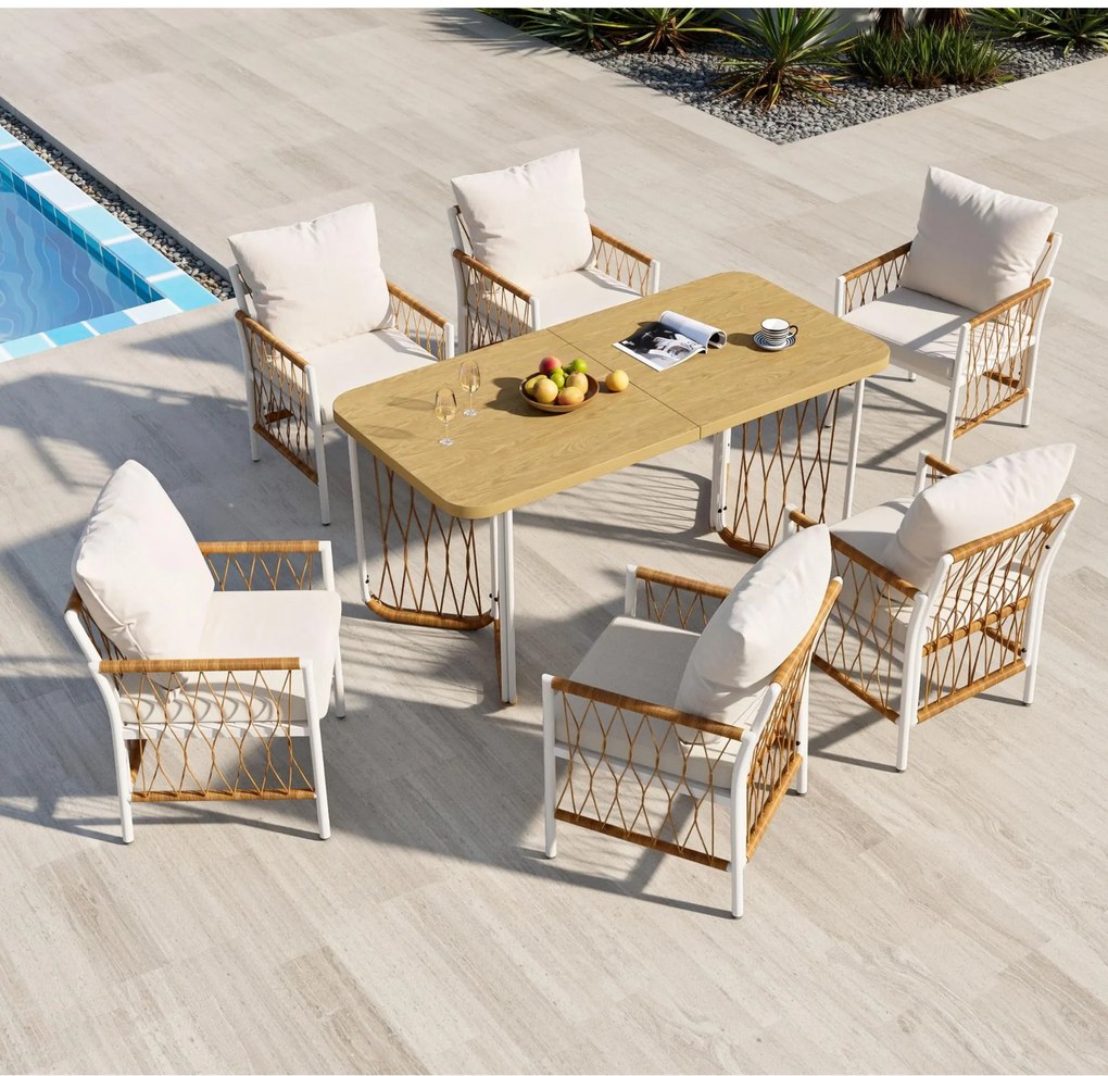 Set modern de mobilier de grădină, 7 piese, cadru alb din fier cu cotiere împletite, 1 masă+6 scaune, Bej+Culoare naturală