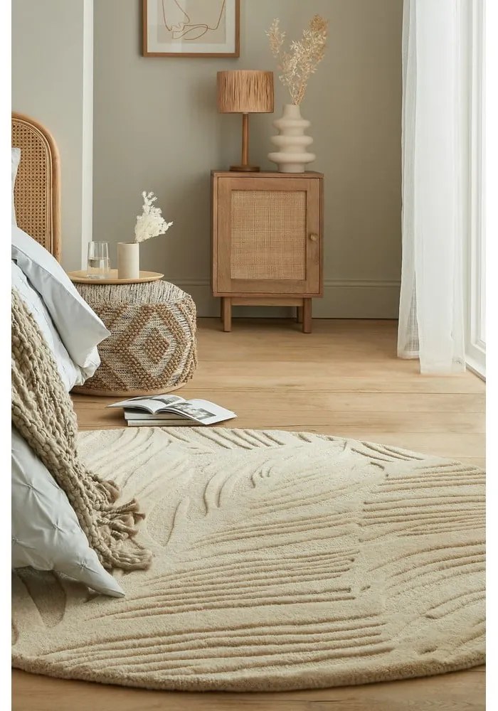 Covor bej rotund din lână ø 160 cm Leaf - Flair Rugs