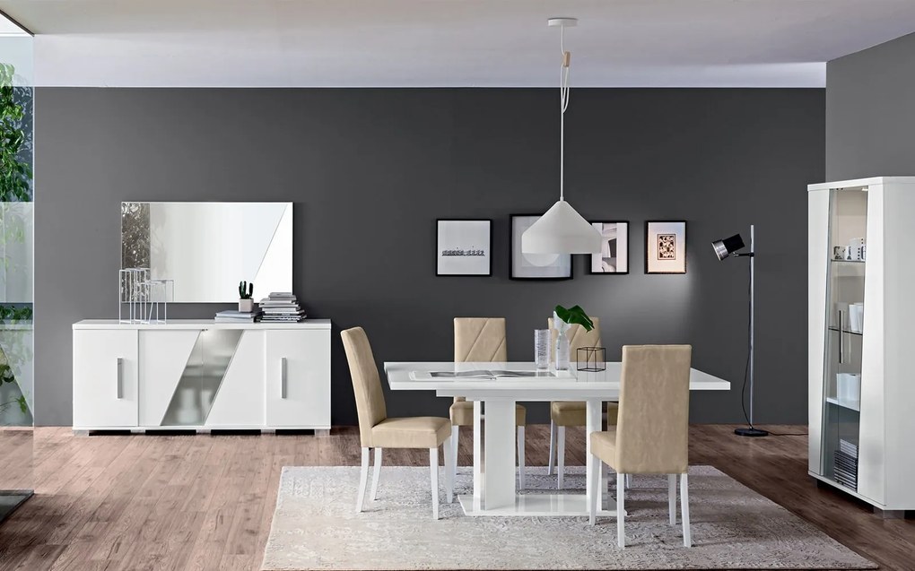 Set lemn masiv masă și scaune Lisa White - 8 scaune, 180 × 104 × 76 cm + 2 extensii