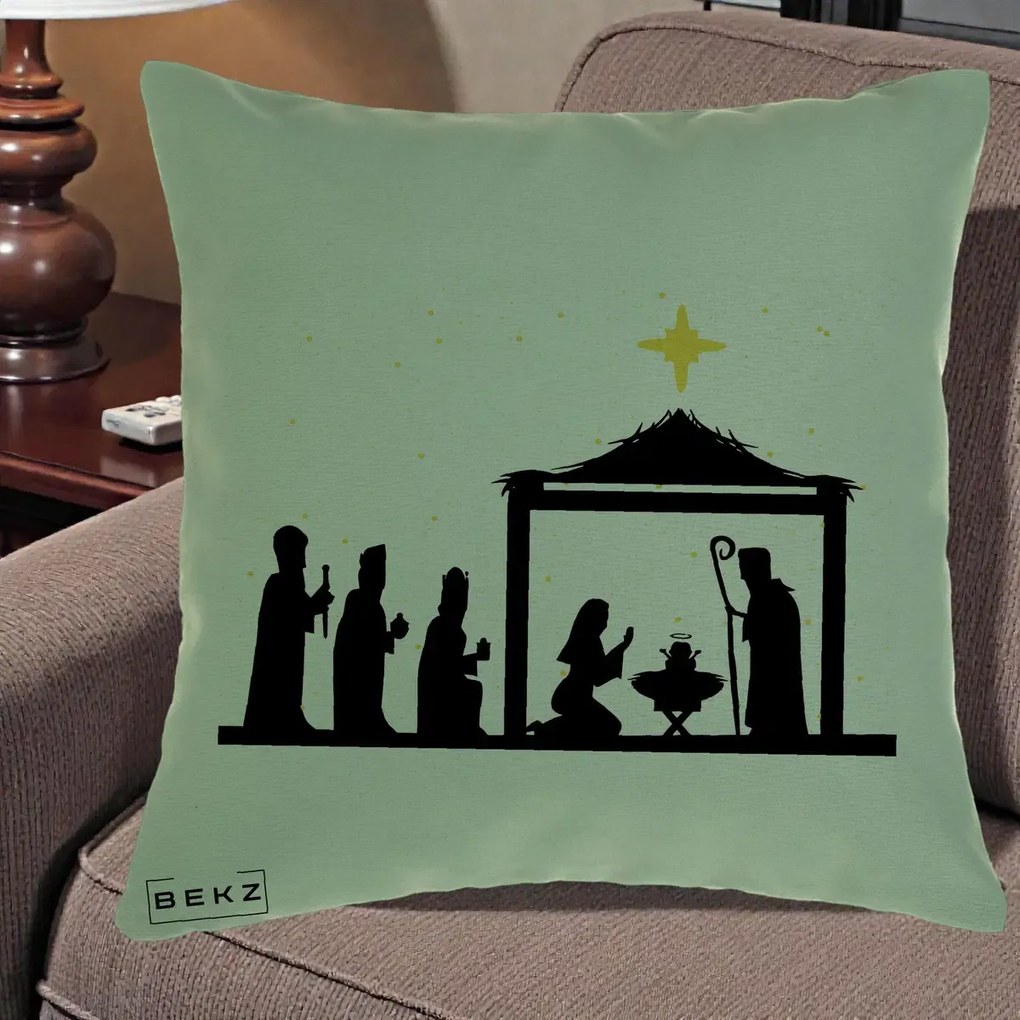 Perna Decorativa Nasterea Pruncului Silueta Neagra si Stea Aurie, 40x40 cm, Verde, Husa Detasabila, Perna Inclusa, BEKZ®