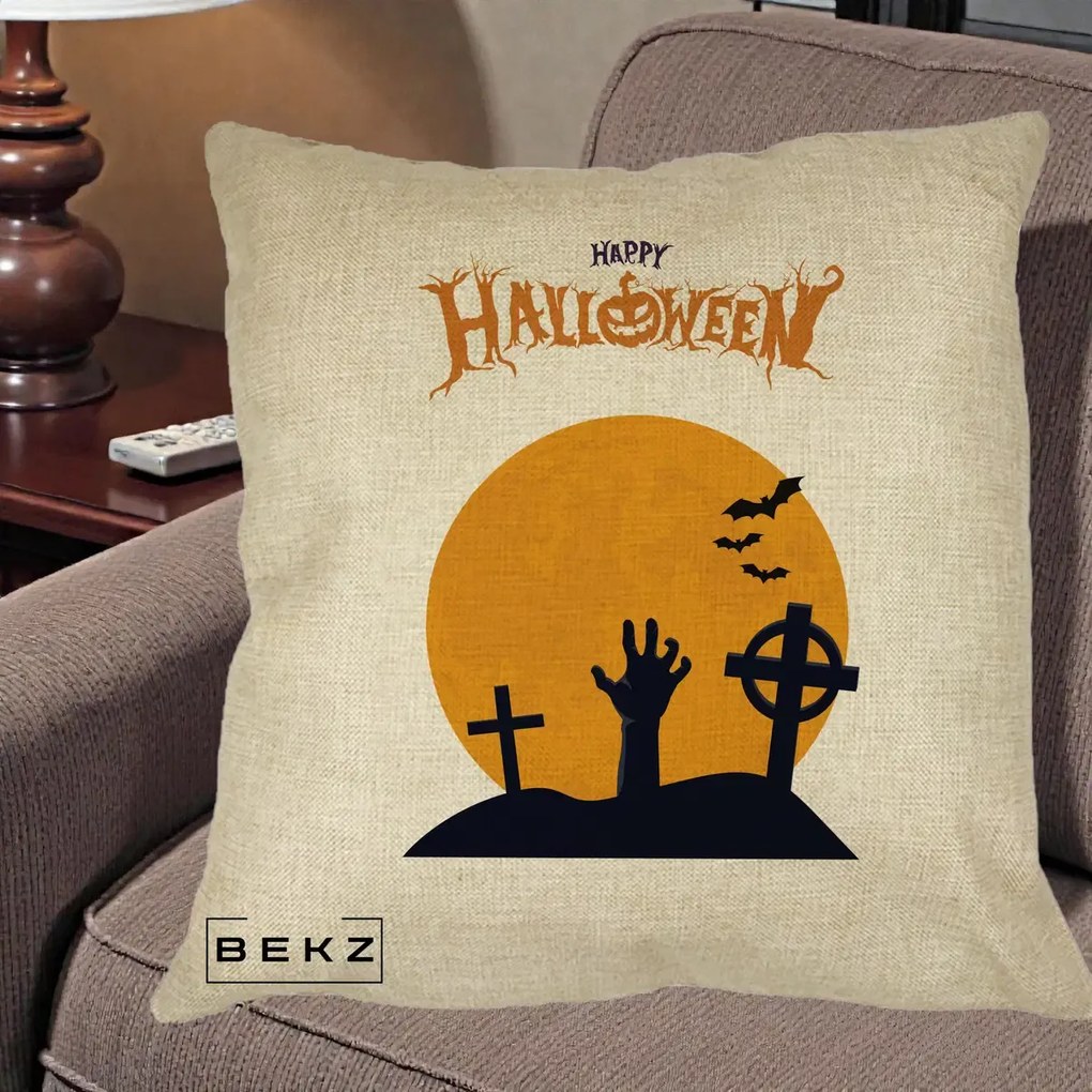 Perna Decorativa Happy Halloween Cimitir cu Luna, 40x40 cm, Crem, Husa Detasabila, Perna Inclusa, BEKZ®