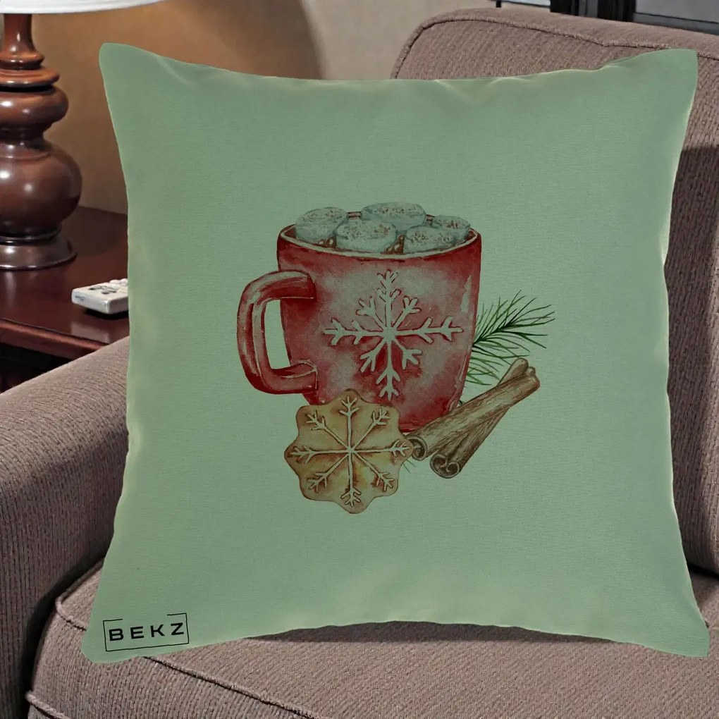 Perna Decorativa Cacao de Iarna cu Biscuit, 40x40 cm, Verde, Husa Detasabila, Perna Inclusa, BEKZ®