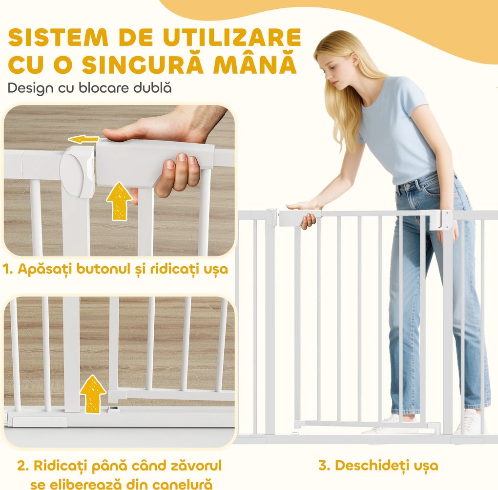 PawHut Poartă de Siguranță pentru Copii și Animale, Extensibilă 96-103 cm, Înălțime 76 cm, Poartă pentru Câini, Scări și Uși, Închidere Automată, Montaj prin Presiune, Deschidere în Ambele Direcții, Alb | Aosom Romania