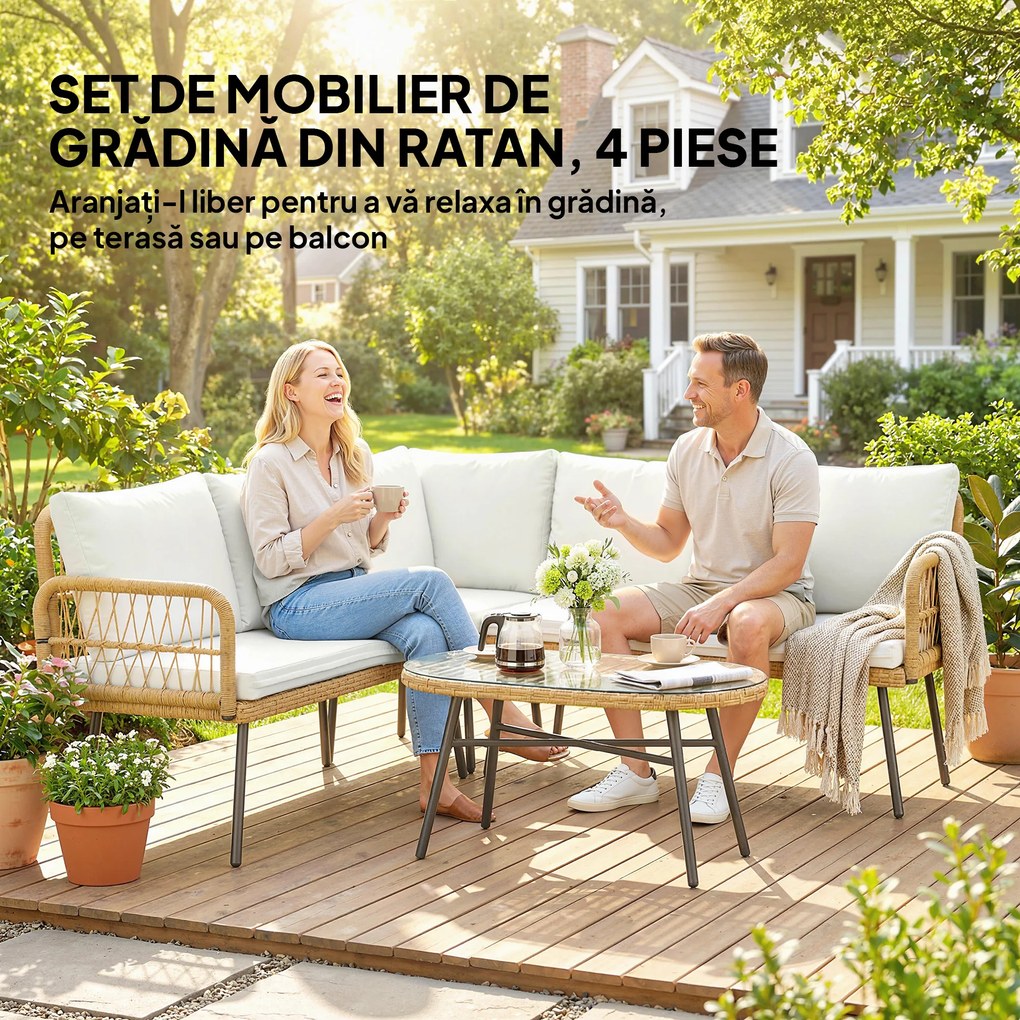 Outsunny Set Mobilier Grădină din Ratan, 4 Piese în Formă de L, cu 2 Canapele, Colțar, Măsuță de Cafea și Perne, Cadru din Oțel, pentru Balcon sau Terasă, Natural/Crem | Aosom Romania
