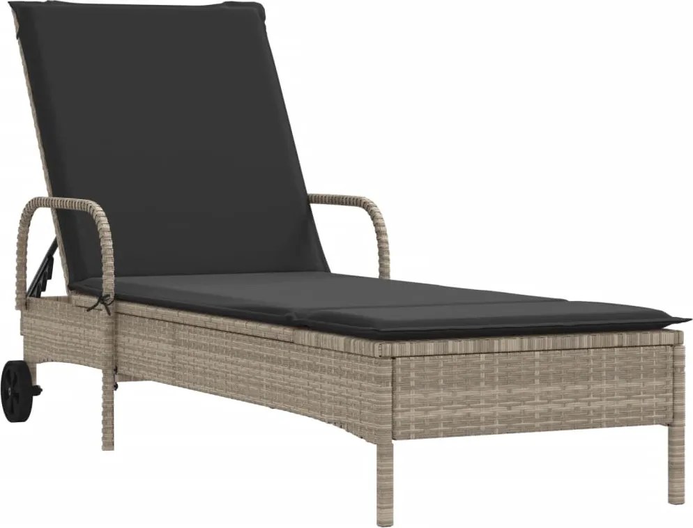 vidaXL Șezlong cu roți și pernă, gri deschis, poliratan