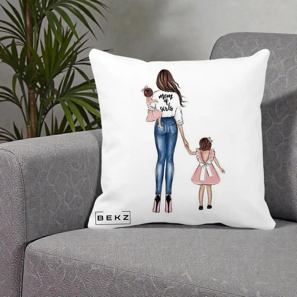 Cadou pentru Mama - Perna Personalizata Mom of Girls Mama cu Fetele, 40x40 cm, Alba Mata, Husa Detasabila, Perna Inclusa, BEKZ®