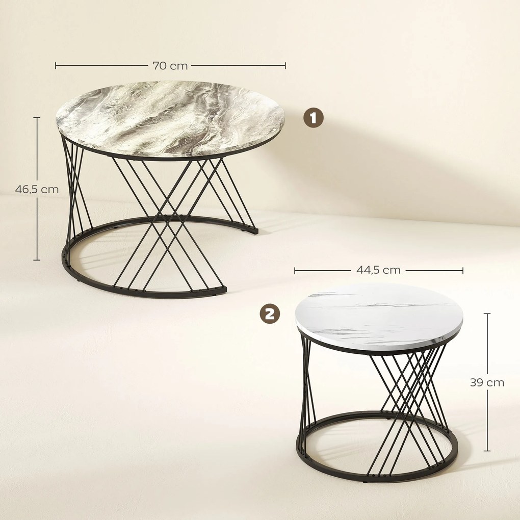 HOMCOM Lot de 2 mese joase gigogne rotunde Ø 70/44,5 cm cu blat efect marmură și picioare din metal, gri și alb | Aosom Romania