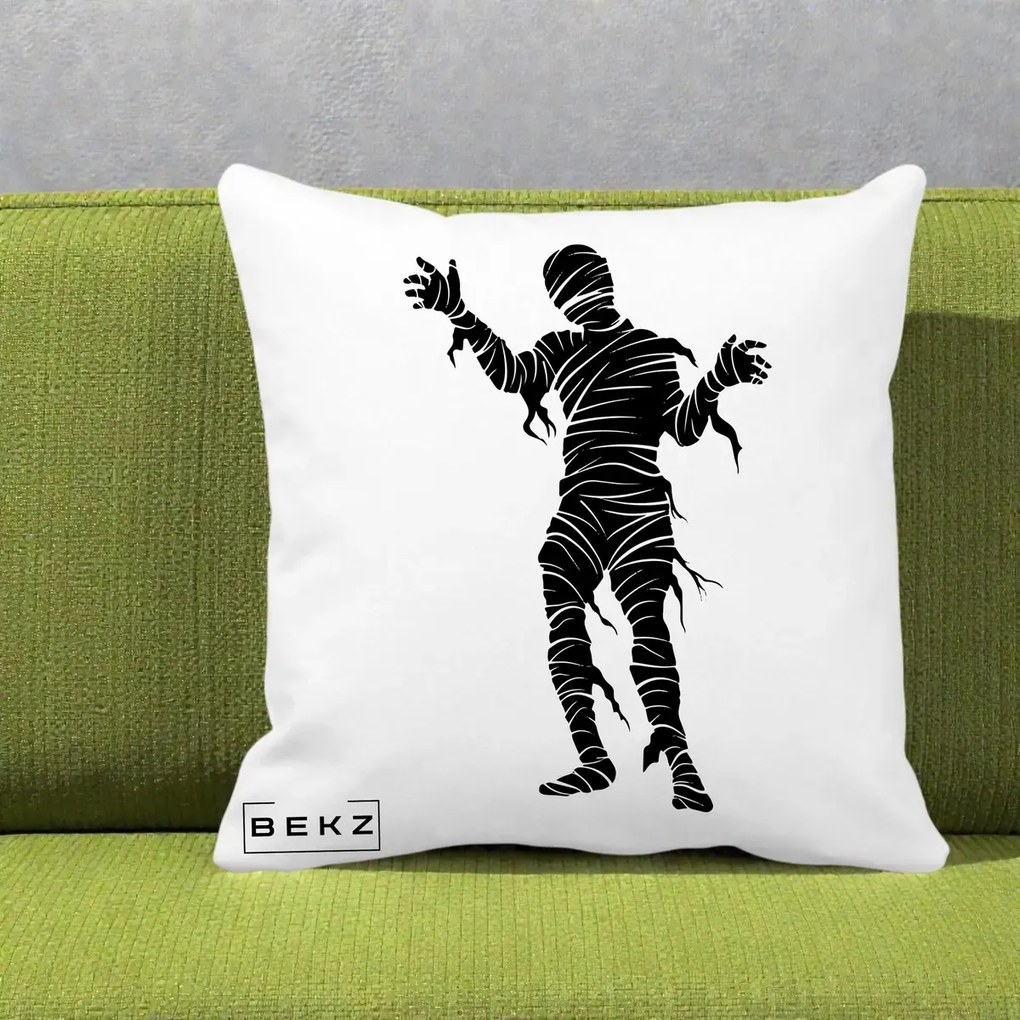 Perna Decorativa Mormii Infricosat Silueta Neagra Halloween, 40x40 cm, Alba Mata, Husa Detasabila, Perna Inclusa, BEKZ®