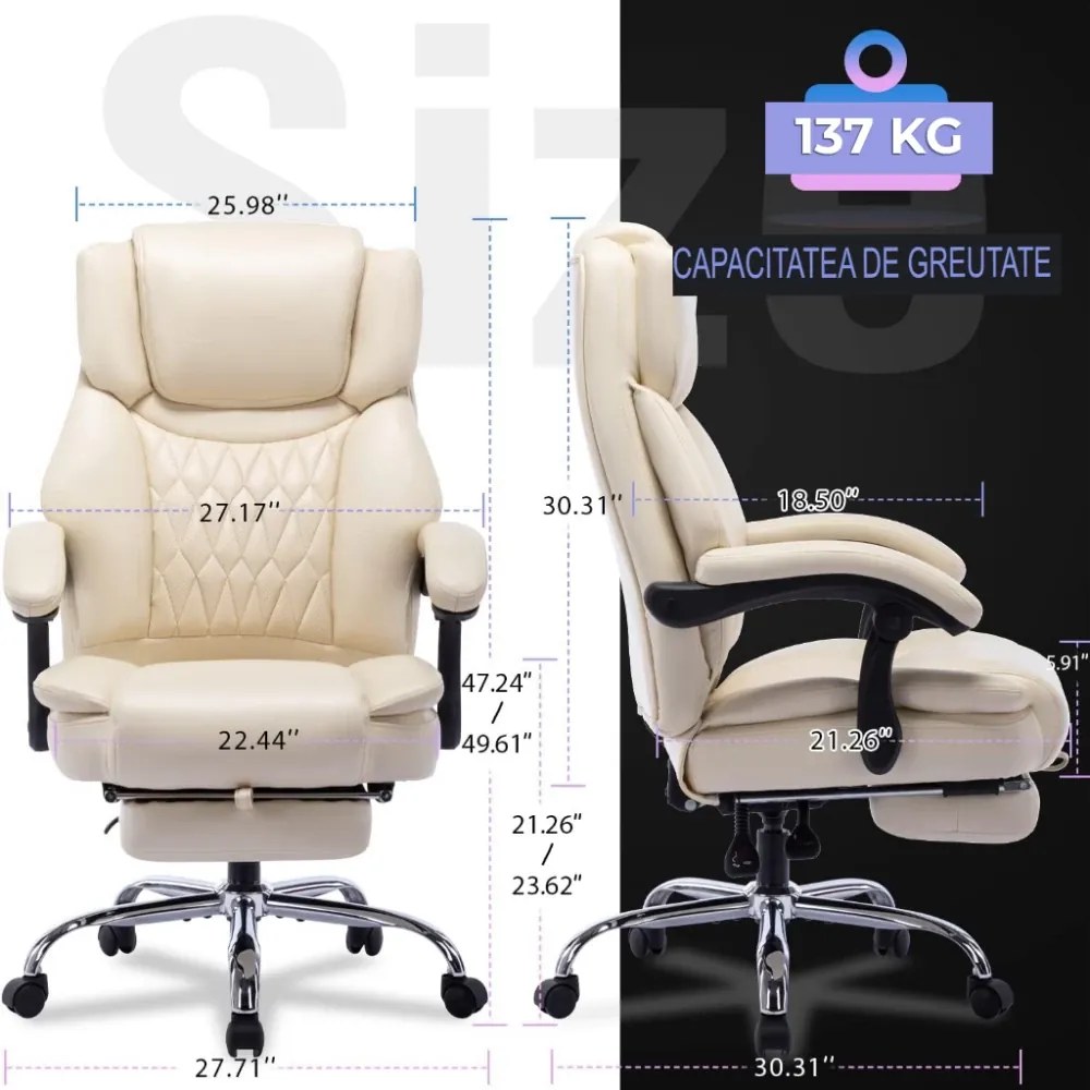 Scaun directorial, spatar inalt, suport pentru picioare, perna lombara detasabila, spatar rabatabil, captuseala groasa respirabila, sustinere extra, piele eco Premium, Bej