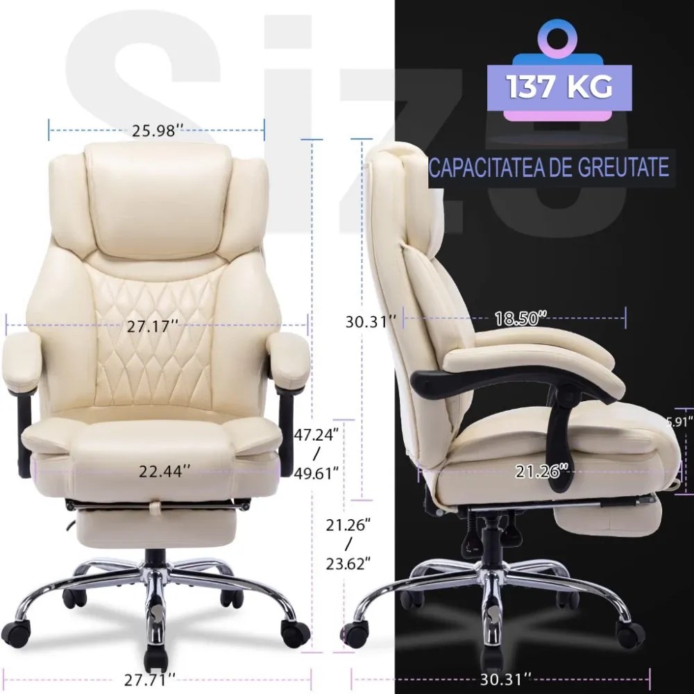 Scaun directorial, spatar inalt, suport pentru picioare, perna lombara detasabila, spatar rabatabil, captuseala groasa respirabila, sustinere extra, piele PU Premium, Bej