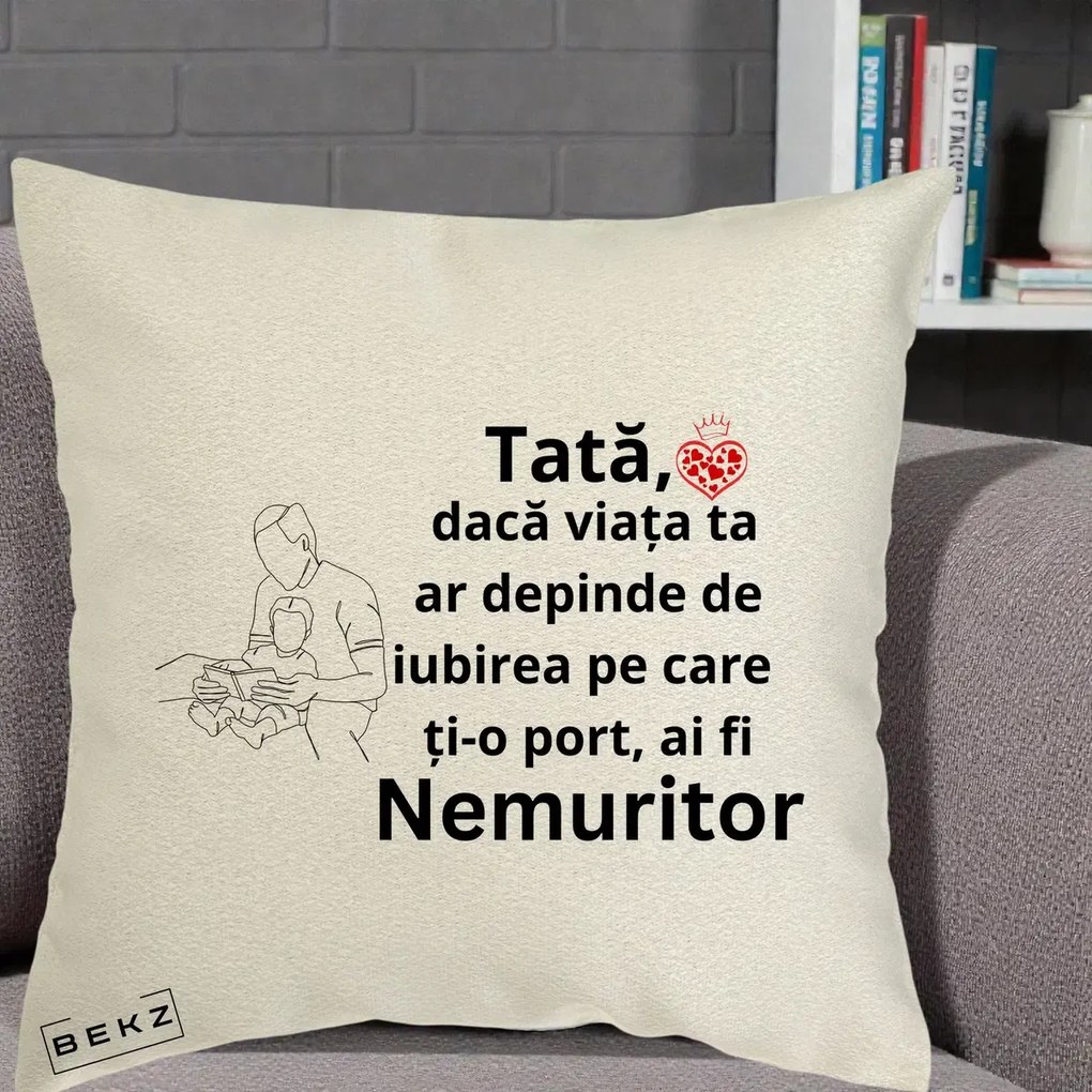 Cadou pentru Tata - Perna Personalizata Tata Nemuritor Lectura, 40x40 cm, Ecru, Husa Detasabila, Perna Inclusa, BEKZ®