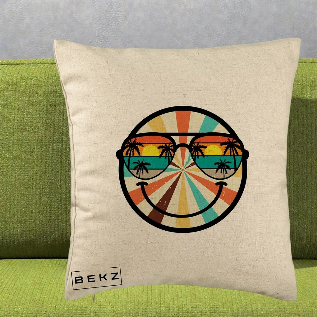 Perna Decorativa Smiley Face Retro Sunset Palmieri, 40x40 cm, Bej, Husa Detasabila, Perna Inclusa, BEKZ®