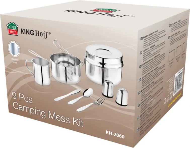 Set de tacamuri si vase pentru camping Kinghoff KH 2060, 9 piese, Otel inoxidabil, Argintiu