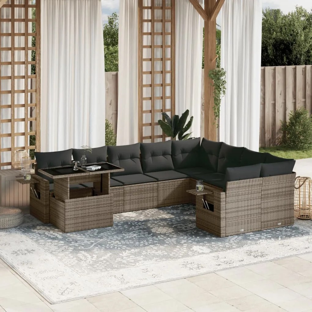 vidaXL Set mobilier de grădină cu perne, 10 piese, gri, poliratan