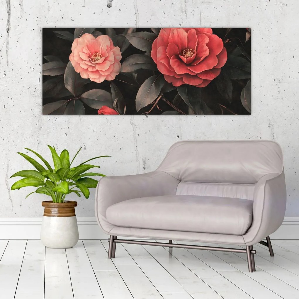 Tablou - Flori roșii pe fundal întunecat (120x50 cm)