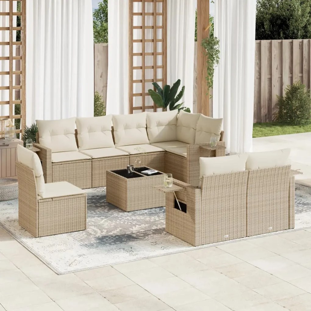 vidaXL Set canapele de grădină, 9 piese, cu perne, bej, poliratan