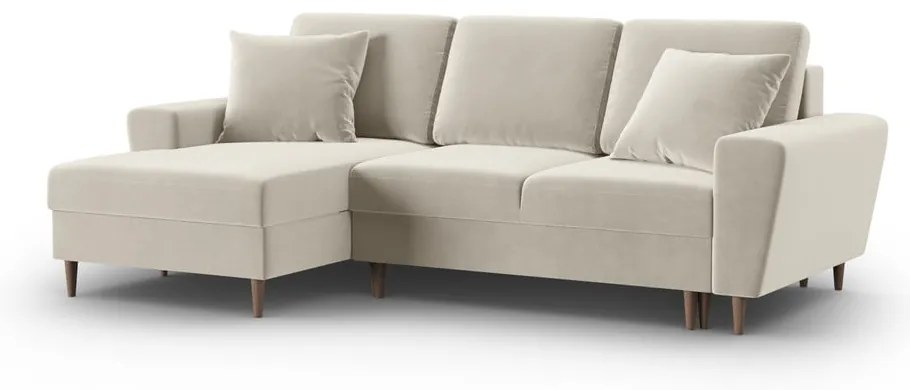 Colțar bej extensibil, cu spațiu de depozitare cu tapițerie din catifea (cu colț pe partea stângă, cu șezlong) Kyoto – Cosmopolitan Design