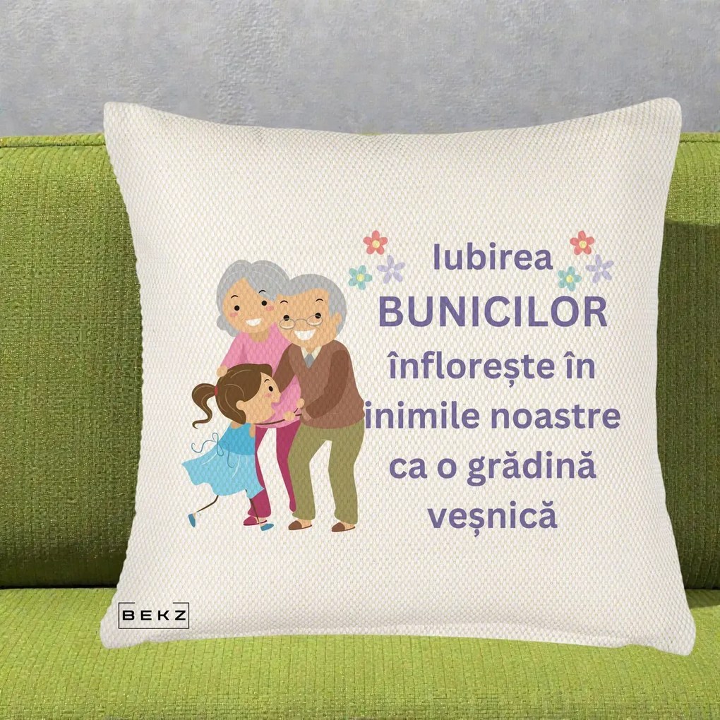 Cadou pentru Bunici - Perna Personalizata Bunicii Iubirea Infloreste Bunici cu Nepoata Colorat, 40x40 cm, Crem Reliefat, Husa Detasabila, Perna Inclusa, BEKZ®